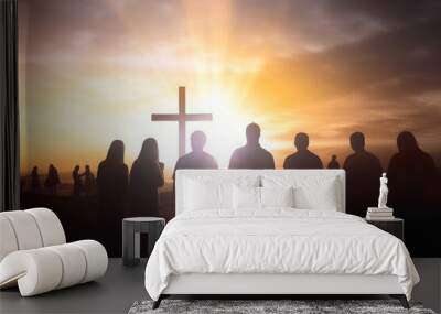 Worship concept:Silhouette people looking for the cross on  sunrise background, Generative AI Wall mural