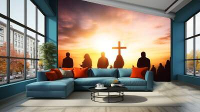 Worship concept:Silhouette people looking for the cross on  sunrise background, Generative AI Wall mural