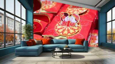 Oriental couple chinese symbol or shuang xi for wedding, engagement, tingjing, and tingfen Wall mural