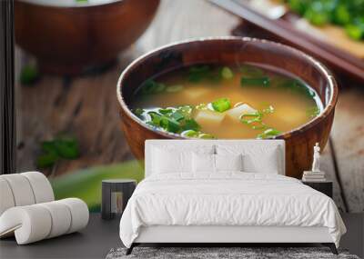 Miso soup in traditional wooden bowl. Japanese food. Generative AI Wall mural