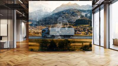 A businessman’s global data sketch merges with a truck journeying on a scenic highway, resulting in a captivating double exposure Wall mural