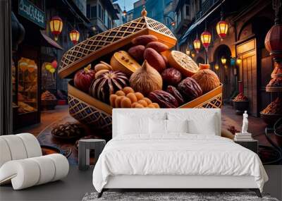 a box of pumpkins with a box of gourds on the floor. Wall mural