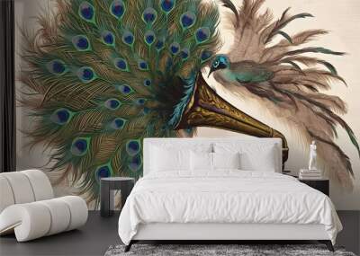 A colorful bird is standing next to a record player. Wall mural