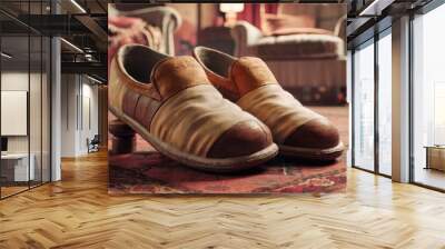 A pair of old shoes are on a rug and a fireplace in the background. Wall mural