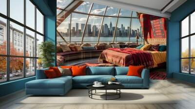 A room with a view of a city and a large window with a view of the city. Wall mural