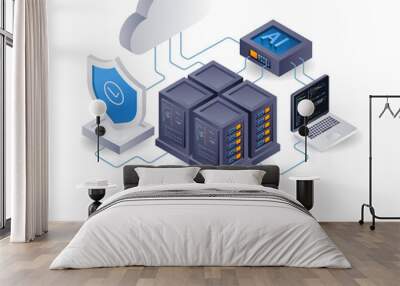 Artificial intelligence for cloud server security, flat isometric 3d illustration Wall mural