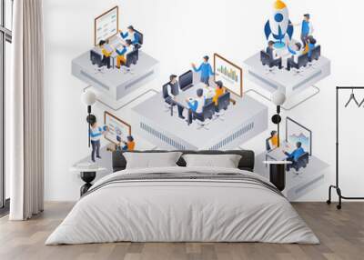 Company work team creates product, flat isometric 3d illustration infographic Wall mural