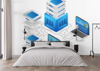 flat isometric 3d illustration computer cloud server security program network concept Wall mural