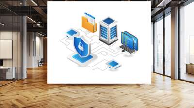 Flat isometric 3d illustration server computer cloud security network concept Wall mural