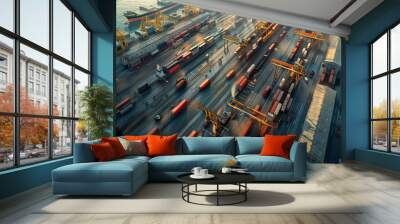 Industrial Shipping with Convoy a transportation hub where ships, trucks, trains, and planes converge, illustrating the interconnectedness of different modes of industrial shipping Wall mural