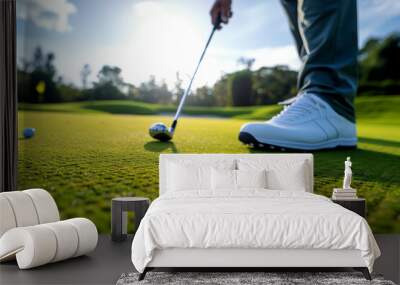 Man Playing Golf Professional golfer close-up shot of a golfer lining up a putt on a well-manicured green, Wall mural