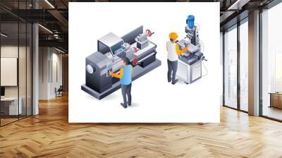 Manual lathe and drill operator, infographic flat isometric 3d illustration Wall mural