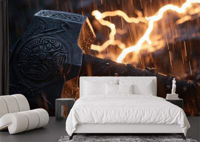 mjolnir with vikins with lightning Wall mural