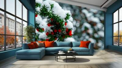 Selective focus horizontal image of an evergreen tree with red berries coverd with snow Wall mural