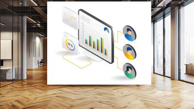 Team computer data analysis isometric flat 3d illustration concept Wall mural