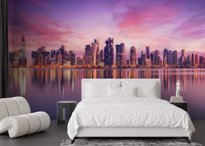 The Panoramic skyline of Doha, Qatar during sunrise Wall mural