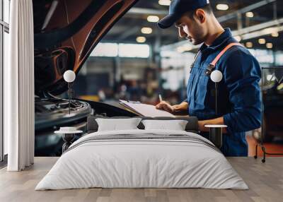  Young mechanic filling paperwork while examining car engine at auto repair shop Wall mural