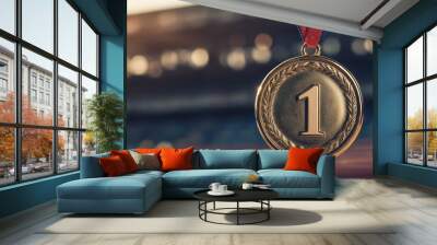 Highlight for a gold medal with a stadium scene in the background. Winning the gold medal at the games Wall mural