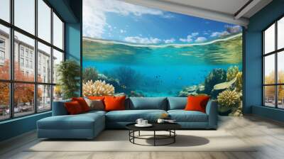 Over and under the sea with cloudy blue sky reflected on water surface and underwater a colorful coral reef with tropical fish Wall mural