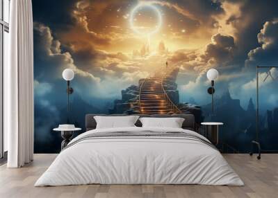 Stairway through the clouds to the heavenly light. Stairway to heaven Wall mural