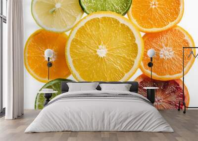 A colorful arrangement of round citrus slices isolated on a transparent background, showcasing their vibrant colors and juicy textures. Wall mural