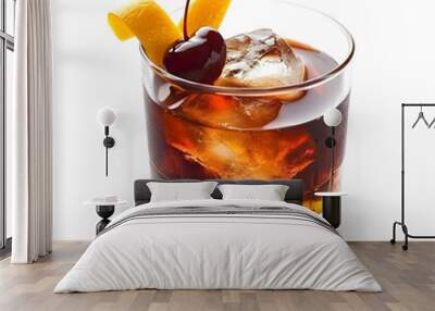 An old-fashioned cocktail drink, garnished with citrus and cherry, isolated on a white background. Wall mural