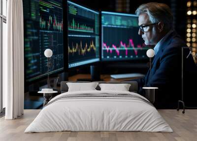 businessman working on multiple screens of financial data Wall mural