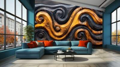 Abstract wood carving with swirling patterns in golden and dark tones. Artistic shot of detailed woodwork. Design for wallpaper, poster, or background. Wall mural