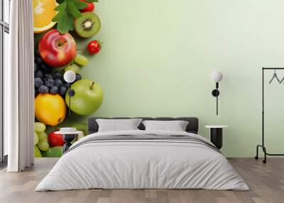 Assorted fresh fruits on green background. Healthy eating and diet concept with copy space for design and print. Wall mural