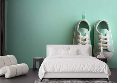 Pair of mint green baby sneakers on a matching pastel background. Minimalistic flat lay composition with copy space. Fashion and children’s footwear concept for banners, posters, and product designs. Wall mural