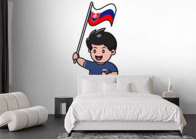 Cute Football Player Holding Slovakia Flag. Cartoon Vector Icon Illustration. Sport and People Icon Concept Isolated Premium Vector. Flat Cartoon Style Wall mural