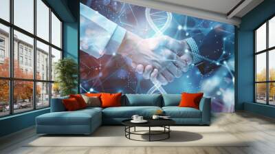 Medical and Business Technology Concept, Close up of a businessman and doctor shake hand, partnership for healthcare, with analysis Triangle lines and DNA data, generative ai Wall mural