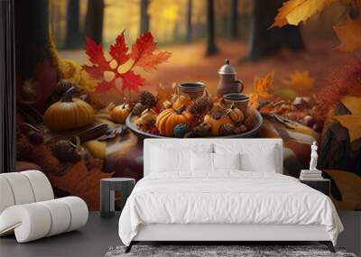 Experience the warmth of autumn in our woodland feast scene. High-resolution captures, vibrant colors, and seasonal delights create an inviting ambiance amidst nature's autumnal beauty. Wall mural