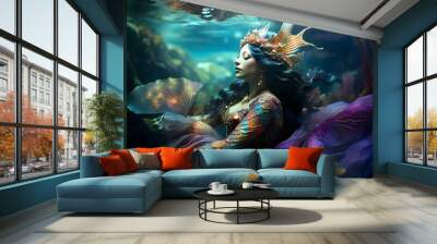 In a dreamlike collage of vivid colors and textures, a bewitching solarpunk selkie emerges from the tranquil depths of an enchanting underwater world  Wall mural