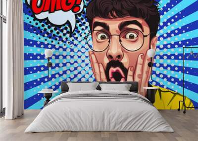 pop art retro vintage man looking surprised with open mouth, hands on face, wearing glasses, wow expression Wall mural