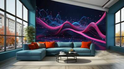 Bold abstract portrayal of big data, showcasing dynamic dark blue and pink lines symbolizing data flow and connectivity, complemented by red and blue glow dots Wall mural