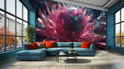 beautiful pink fractal flower with a flower pattern on black background Wall mural