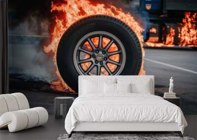 car tire on road, fire Wall mural