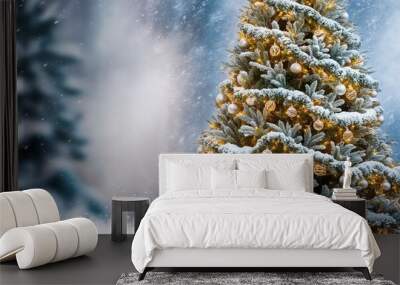 christmas tree with snow covered fir branches Wall mural