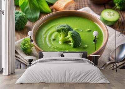 green pea soup with broccoli, croutons and croutons Wall mural