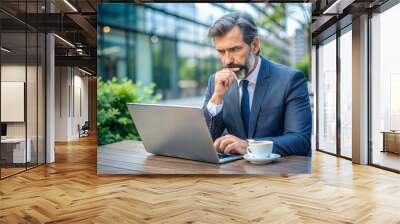 portrait of serious middle age man using laptop Wall mural