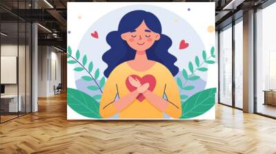 young happy woman with leaves in hands, vector illustration Wall mural