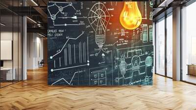 A modern blackboard displaying intricate business diagrams and a glowing bulb, capturing the essence of strategic planning for a new venture. Wall mural