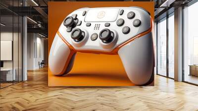 A white gaming controller mockup positioned on a deep orange backdrop, showcasing its buttons and texture with lifelike realism. Wall mural