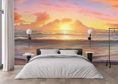 At the edge of paradise, a pristine beach bathes in the warm light of the setting sun. The sky is a canvas of pastel colors, reflecting in the gentle waves that kiss the shore.  Wall mural