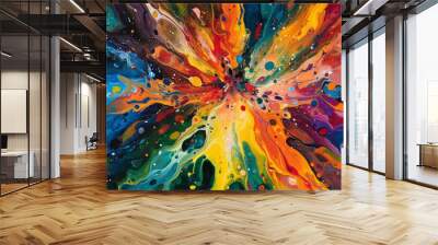 Liquid kaleidoscope of emotion, a burst of vibrant hues interplaying with the tranquil simplicity of the canvas. Wall mural