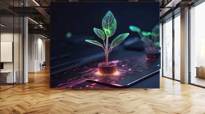 Supper Technology Concept, Glowing plant growing on computer chip representing digital ecology business and blurred background	 Wall mural