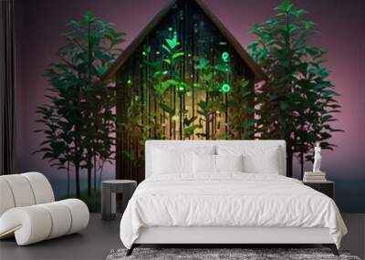 wooden house silhouette illustration of glowing plant growing on representing digital ecology business Wall mural