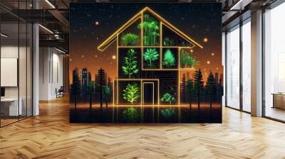 wooden house silhouette illustration of glowing plant growing on representing digital ecology business Wall mural