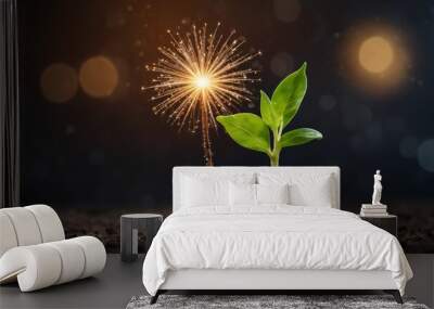 young plant sprout growing up with sunshine and fireworks	 Wall mural